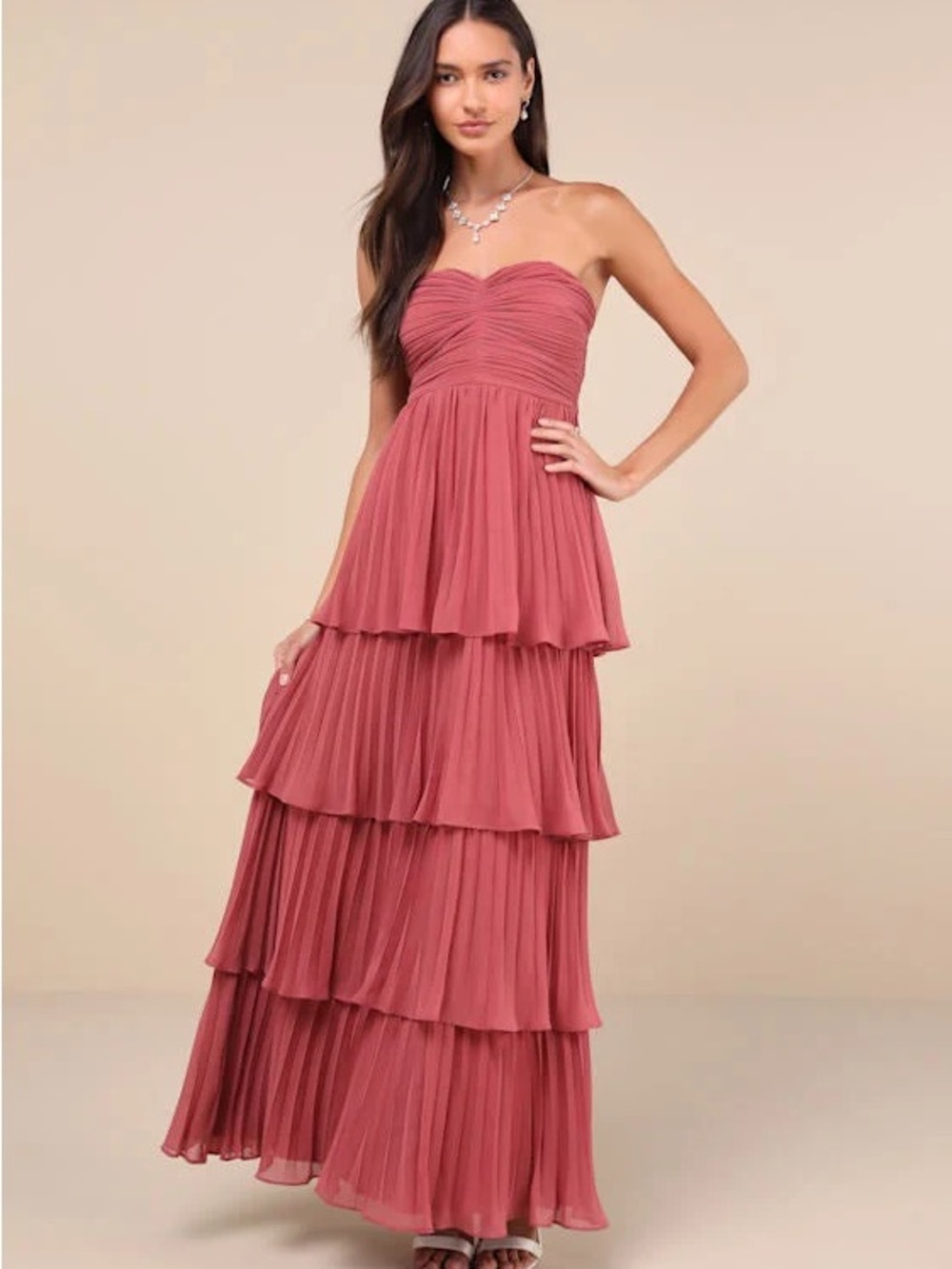 Lulu's Strapless Tiered Maxi Dress in Rose